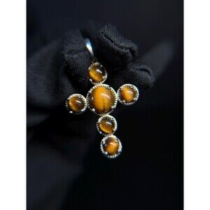 Djoy 925 Sterling Silver Tiger Eye Cross Pendant 1.7" Religious Statement